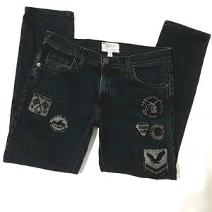 Current/Elliott The Fling Cropped Boyfriend Jeans Sz25 Blue Distressed Patchwork